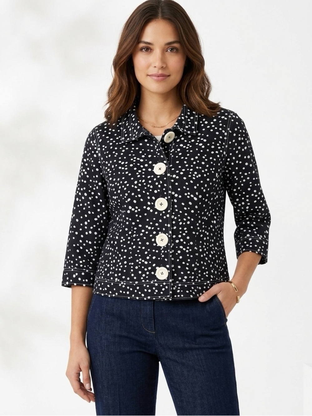 Multiples Navy and White Polka Dot Jacket w/Large Buttons Women's Size Small EUC